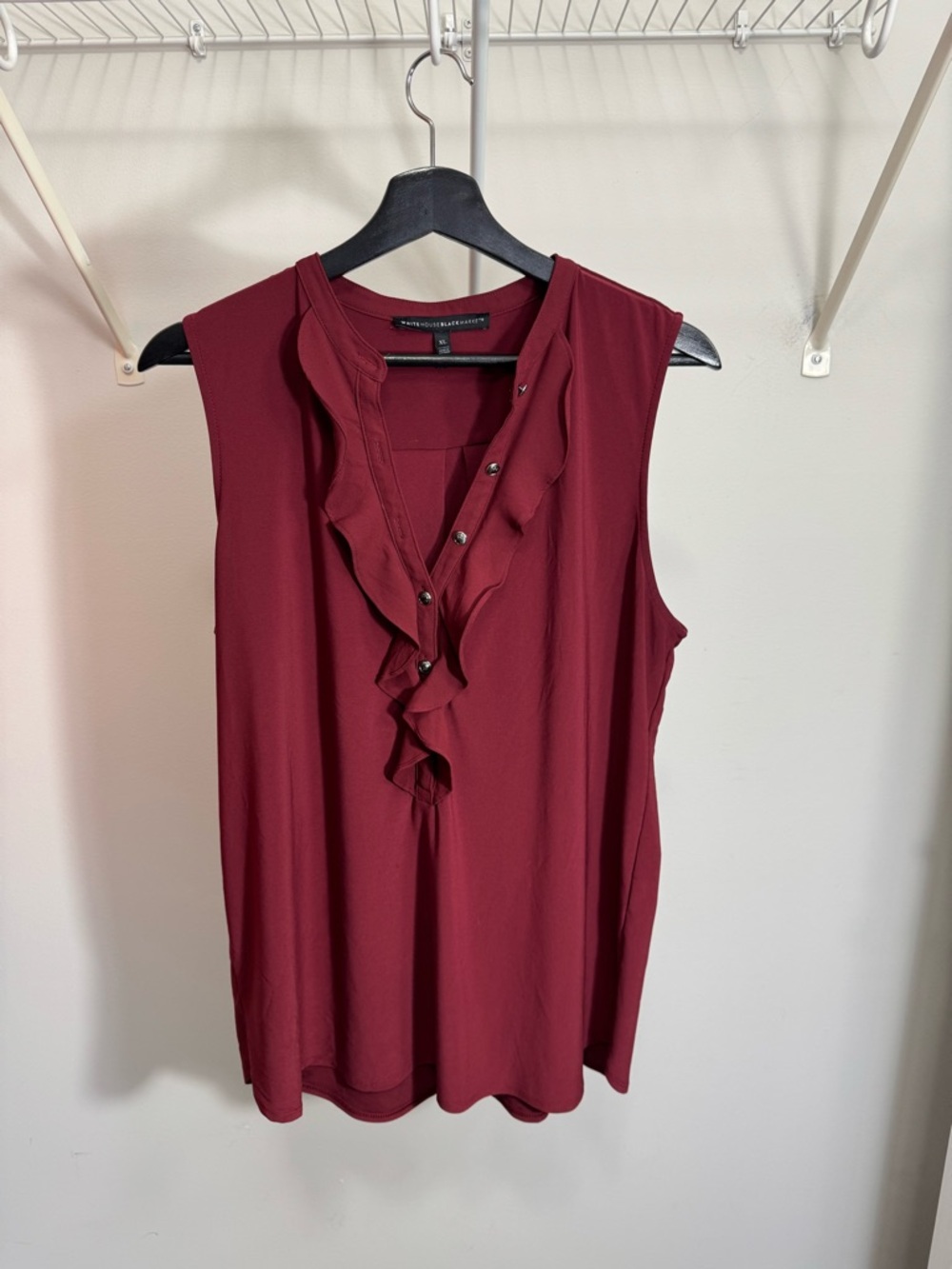 White House Black Market Sleeveless Ruffle V-Neck Camisole in Deep Red/Burgundy